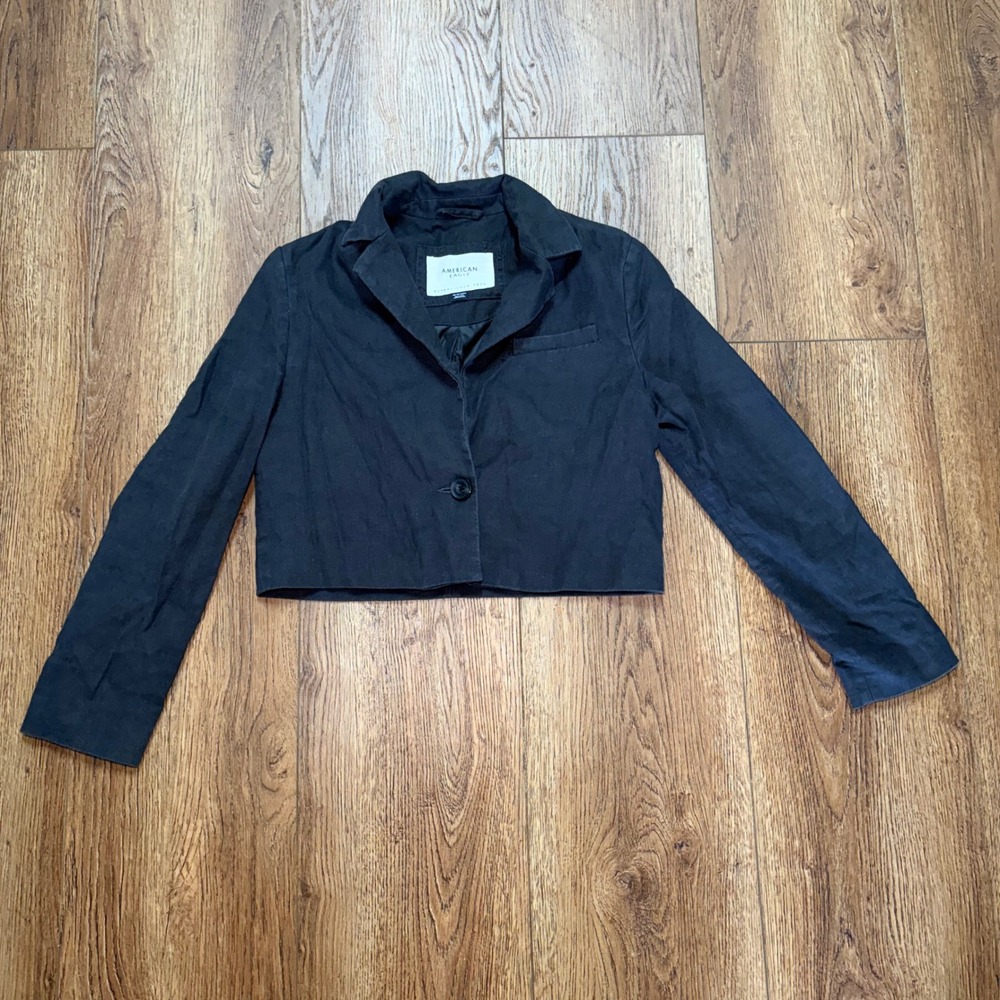 American Eagle Womens XS Dark Gray Linen Blend Cropped Blazer One Button Jacket